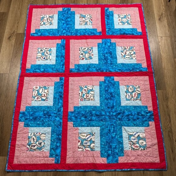 Baseball Throw Blanket Quilt Handmade 71" x 53.5" Blue Red - Picture 1 of 9